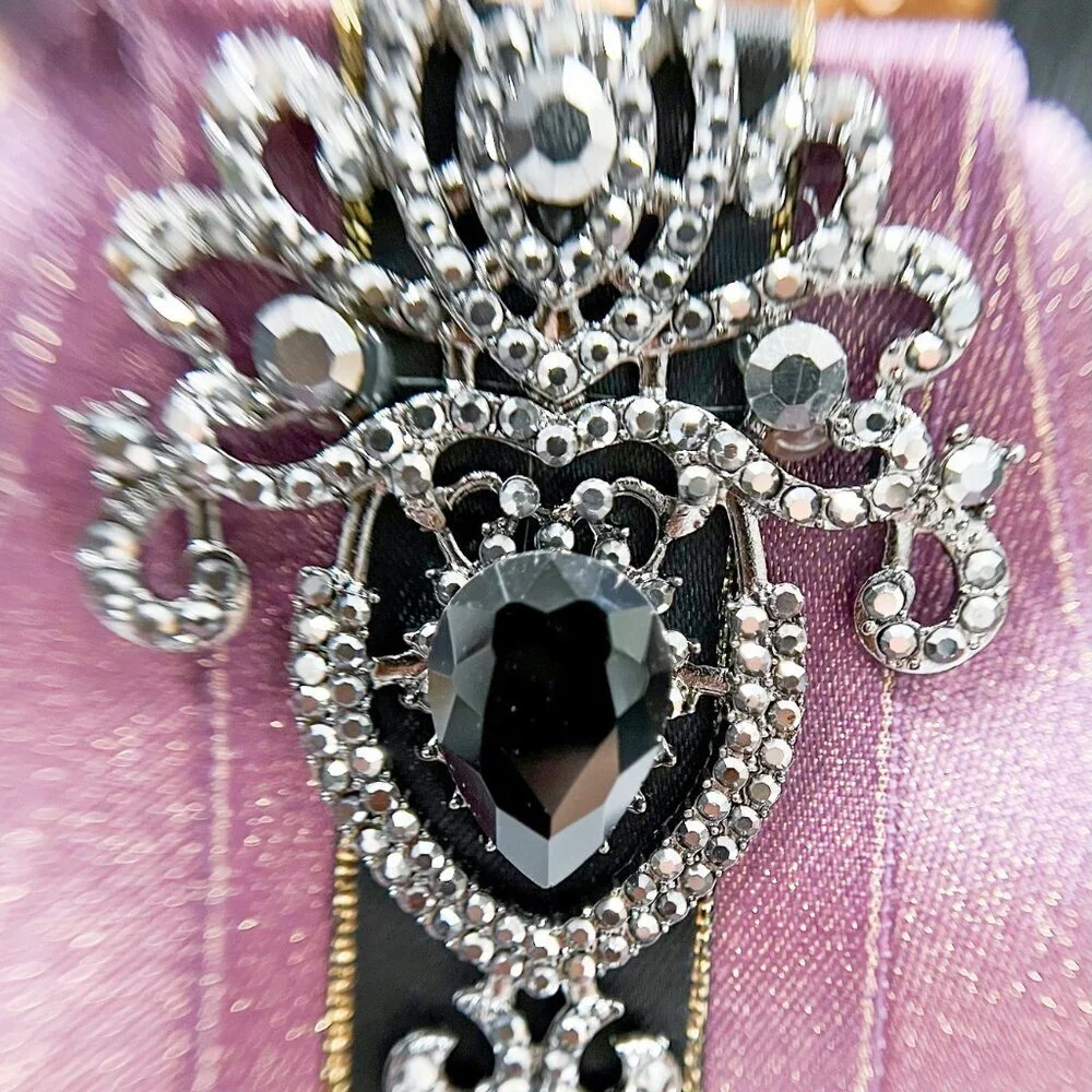 Purple crystal bowtie, Kid's Necktie, Black Crystal Brooch, Kids Size, 2 in 1